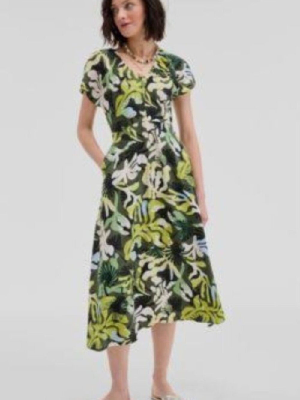 ON-34TH Women's Green Floral Flutter Sleeve Midi Dress With Hidden Pockets XL